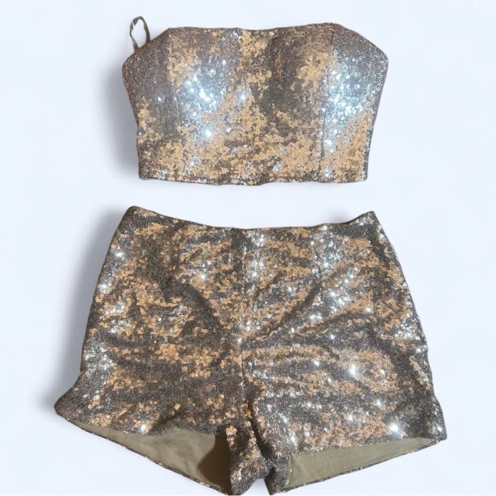 Sequin Strapless Crop Top & High-Waist Short Set - Gold/Silver Sparkle